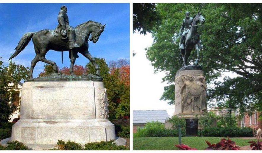 Robert E. Lee Park memorial (left) Stonewall Jackson Park memorial in Charlottesville, Va.