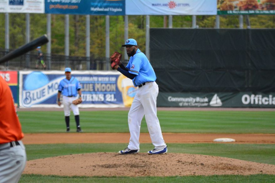 Southern Maryland Blue Crabs pitcher Daryl Thompson, a native of La Plata, Maryland, pitches against the Long Island Ducks on April 23, 2017. (Photo by Bert Hindman/Memories Photography)