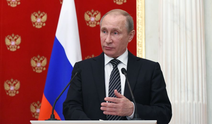 Russian President Vladimir Putin speaks at a joint news conference with Armenian President Serzh Sargsyan after their meeting in the Kremlin in Moscow, Russia, Wednesday, Aug. 10, 2016. (Vasily Maximov/Pool Photo via AP)