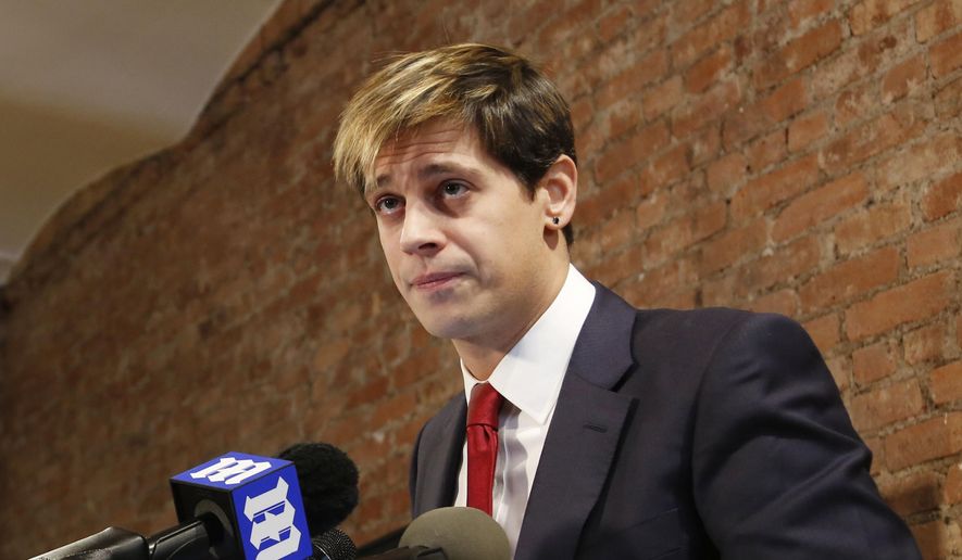 In this Feb. 21, 2017, file photo, former editor of Breitbart Tech Milo Yiannopoulos speaks during a news conference in New York. (AP Photo/Seth Wenig, File)