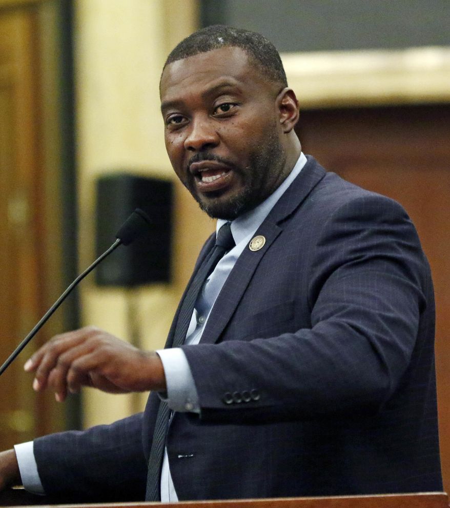 Rep. Bryant Clark, D-Pickens, makes a comment on a Facebook remark that Rep. Karl Oliver, R-Winona posted last month, in a special session of the Legislature at the Capitol in Jackson, Miss., Monday, June 5, 2017. Clark, who sits near Oliver in the House chamber, said Oliver told him the post &amp;quot;did not come from his heart.&amp;quot; Clark said he accepts that, but thinks Oliver should stand before the House and offer a broader apology. Oliver said he doesn&#x27;t plan to do that. (AP Photo/Rogelio V. Solis)