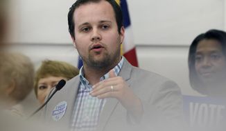 FILE - In this Aug. 29, 2014, file photo, reality TV personality Josh Duggar speaks in favor of the Pain-Capable Unborn Child Protection Act at the Arkansas state Capitol in Little Rock, Ark. Lawyers for Duggar say he faced &amp;quot;unwarranted public scrutiny&amp;quot; after his sisters were revealed to have told police they&#39;d been molested by him. (AP Photo/Danny Johnston, File)