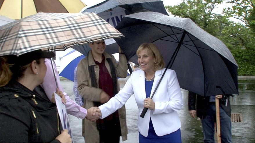 Republican gubernatorial candidate and New Jersey Lt. Gov. Kim Guadagno greets supporters outside the Church of the Precious Blood Parish Center before she cast her vote in the state's primary election, Tuesday, June 6, 2017, in Monmouth Beach, N.J. (Thomas P. Costello/The Asbury Park Press via AP)