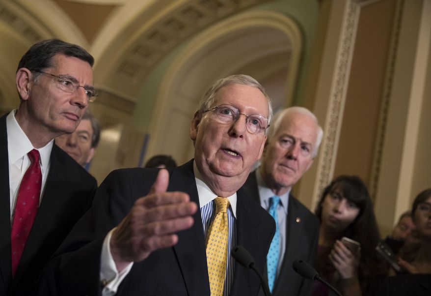 Senate Majority Leader Mitch McConnell, R-Ky., flanked by Sen. John Barrasso, R-Wyo., left, and Majority Whip John Cornyn, R-Texas, meets with reporters at the Capitol in Washington, Tuesday, June 6, 2017. (AP Photo/J. Scott Applewhite)