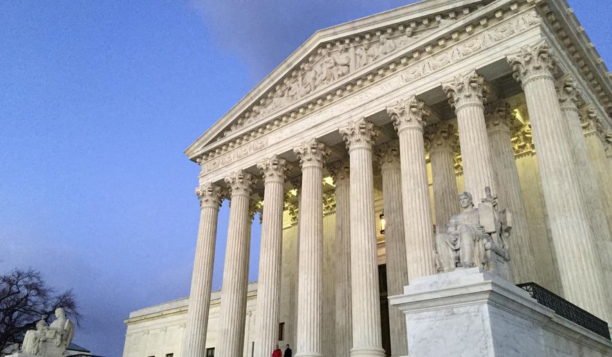 FILE - In this Feb. 13, 2016, file photo, people stand on the steps of the Supreme Court at sunset in Washington. (AP Photo/Jon Elswick, file) **FILE**
