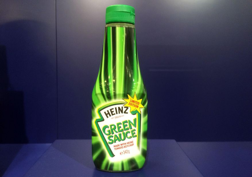 In this photo taken on Thursday, June 1, 2017, a bottle of Heinz ‘Green Sauce’ tomato ketchup is on display at the Museum of Failure in Helsingborg, Sweden. Green Heinz ketchup? Fat-free Pringles? Colgate frozen lasagna? You don't need to be an expert to know they weren't successful. Which is why these creations, with dozens of others, feature in the new Museum of Failure, a wacky parade of rejected products from years gone by. (AP Photo/James Brooks)