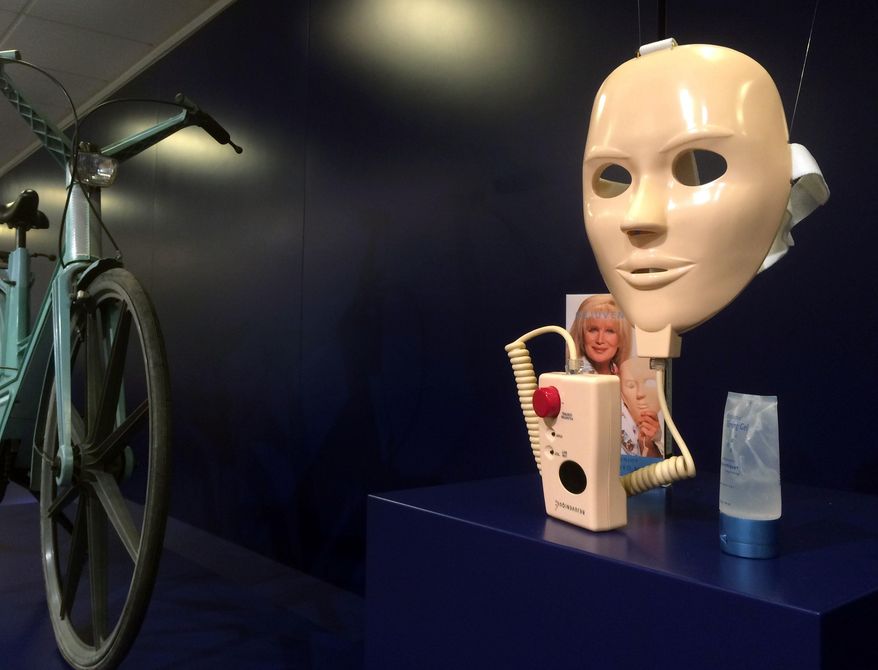 In this photo taken on Thursday, June 1, 2017, a 'Rejuvenique’ electric beauty mask is on display at the Museum of Failure in Helsingborg, Sweden. Green Heinz ketchup? Fat-free Pringles? Colgate frozen lasagna? You don't need to be an expert to know they weren't successful. Which is why these creations, with dozens of others, feature in the new Museum of Failure, a wacky parade of rejected products from years gone by. (AP Photo/James Brooks)