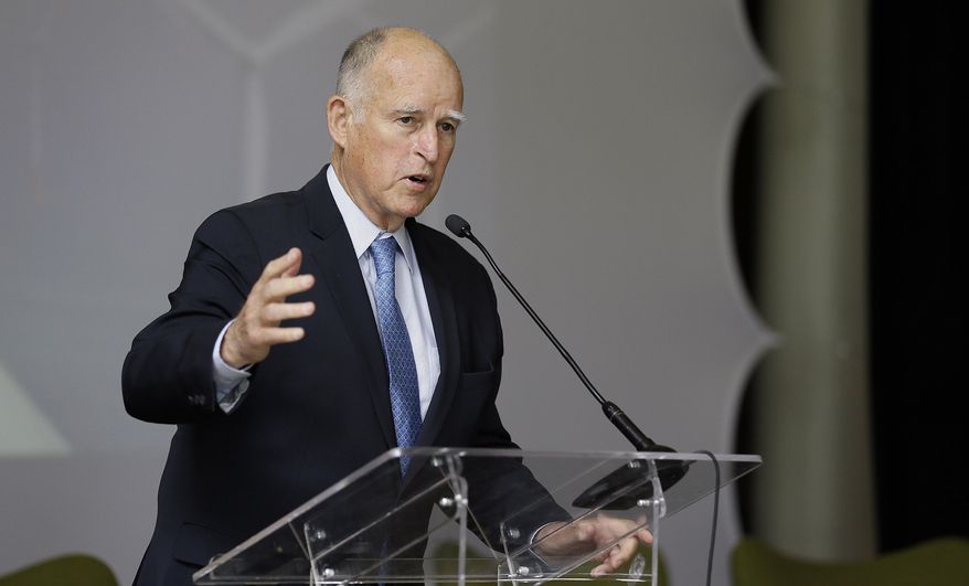 FILE - In this May 24, 2017 file photo, California Gov. Jerry Brown speaks during the joint Netherlands and California Environmental Protection Agency conference called, "Climate is Big Business," at the Presidio in San Francisco. Vowing to keep the United States on track to meet its emissions-cutting target even without the U.S. government's support, more than a dozen governors representing nearly 40 percent of the U.S. economy by Tuesday, June 6 had pledged themselves to stay in the climate-change fight despite the Trump administration's withdrawal from the Paris climate accords last week. (AP Photo/Eric Risberg, File)