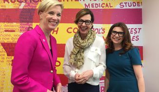 Planned Parenthood president Cecile Richards, from left, appears with actress Allison Janney and producer Gemma Baker from the CBS comedy series, &amp;quot;Mom,&amp;quot; at Planned Parenthood offices in New York on Tuesday, June 6, 2017. Janney and Baker delivered a a check for $250,000, which they said would have otherwise been spent on a promotional campaign for “Mom” to woo Emmy judges. (AP Photo/Frazier Moore)