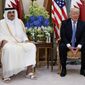 In this May 21, 2017, file photo, President Donald Trump, right, holds a bilateral meeting with Qatar&#39;s Emir Sheikh Tamim Bin Hamad Al-Thani, in Riyadh, Saudi Arabia. Trump sided with Saudi Arabia and other Arab countries Tuesday in a deepening diplomatic crisis with Qatar, appearing to endorse the accusation that the oil-rich Persian Gulf nation is funding terrorist groups. (AP Photo/Evan Vucci, File)