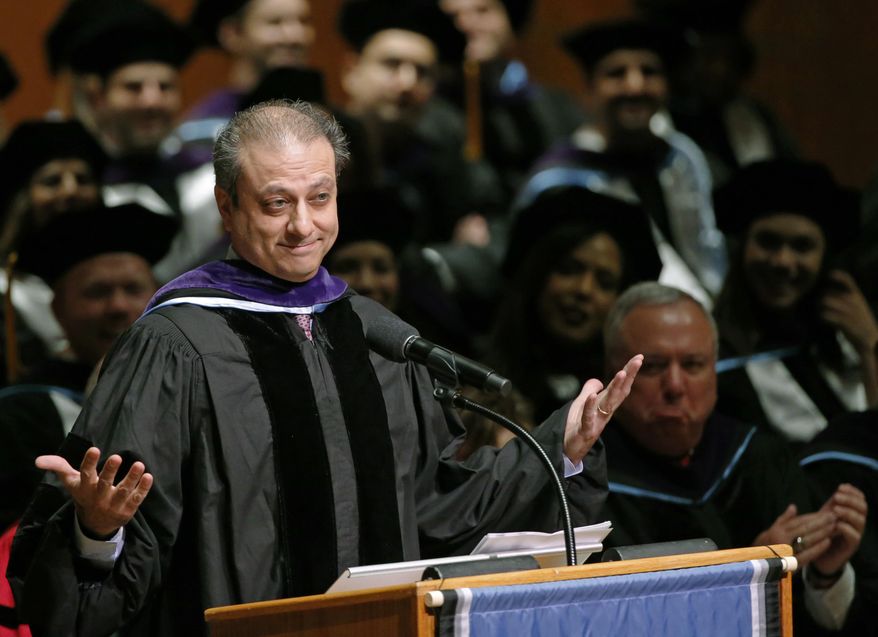 FILE- In this May 25, 2017 file photo, former U.S. Attorney Preet Bharara gestures as he tells how his music teacher told him he would never make it to Lincoln Center, as he addresses graduates and honorees during the 125th commencement exercises for New York Law School at Lincoln Center, in New York.  Bharara cultivated an image as a lawman who was above politics as Manhattan’s top federal prosecutor. In the three months since he was fired by President Trump, that image has been changing.  (AP Photo/Kathy Willens)