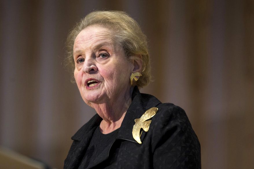 In this Oct. 6, 2016, file photo, former U.S. Secretary of State Madeleine Albright speaks during a memorial service for former Israel Prime Minister Shimon Peres at Adas Israel Congregation in Washington. (AP Photo/Zach Gibson, File)