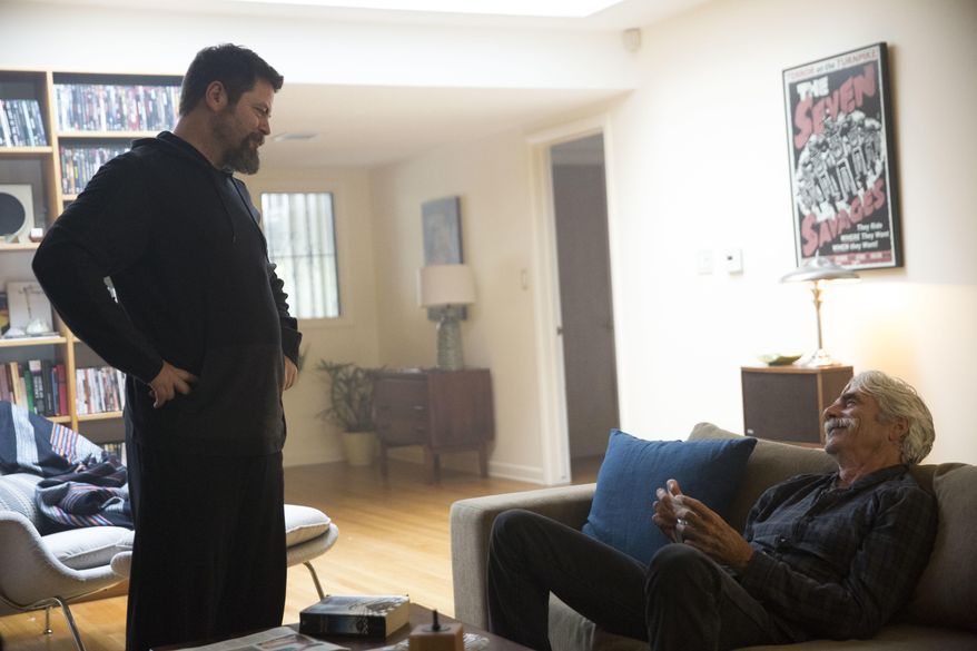 This image released by The Orchard shows Nick Offerman, left, and Sam Elliott in a scene from, "The Hero." (Beth Dubber/The Orchard via AP)