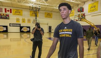University of California Los Angeles guard Lonzo Ball is seen after a closed Los Angeles Lakes pre-draft workout in El Segundo, Calif., Wednesday, Jun. 7, 2017. (AP Photo/Damian Dovarganes)