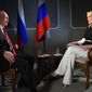 In this Saturday, June 3, 2017, photo released Monday, June 5, 2017, Russian President Vladimir Putin talks with Megyn Kelly during an interview with NBC&#39;s &amp;quot;Sunday Night with Megyn Kelly&amp;quot; in St. Petersburg, Russia. Putin says claims about Russian involvement in U.S. elections are untrue, and says the United States actively interferes with elections in other countries. (Alexei Druzhinin, Sputnik, Kremlin Pool Photo via AP)