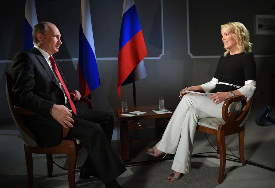 In this Saturday, June 3, 2017, photo released Monday, June 5, 2017, Russian President Vladimir Putin talks with Megyn Kelly during an interview with NBC&#x27;s &amp;quot;Sunday Night with Megyn Kelly&amp;quot; in St. Petersburg, Russia. Putin says claims about Russian involvement in U.S. elections are untrue, and says the United States actively interferes with elections in other countries. (Alexei Druzhinin, Sputnik, Kremlin Pool Photo via AP)