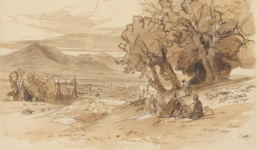 CORRECTS THE LEAR QUOTE In this photo provided by Albania's  National Coastline Agency shows a sketch drawn from Edward Lear, the English artist known mainly for "The owl and the pussy-cat" and other literary nonsense, put at an exhibition in the Tirana. The National Coastline Agency on Thursday, June 8, 2017 opened an exhibition of Lear's sketches made in 1848 during his first trip to Albania. (National Coastline Agency via AP)