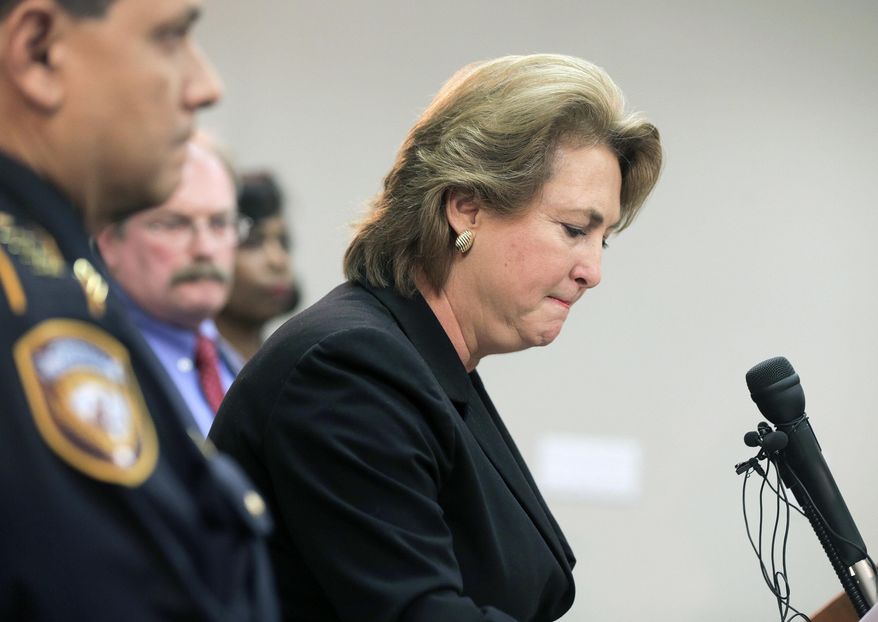 Harris County District Attorney Kim Ogg pauses as she talks to the media, Thursday, June 8, 2017 in Houston. A Texas sheriff’s deputy and her husband were indicted Thursday on murder charges in the death of a man they restrained during a late night confrontation outside of a Houston-area restaurant. A Harris County grand jury in Houston returned the indictment against Harris County deputy Shauna Thompson and her husband, Terry Thompson, in the death of 24-year-old John Hernandez. Each could be sentenced to 5 to 99 years or life in prison if convicted. (Elizabeth Conley/Houston Chronicle via AP)