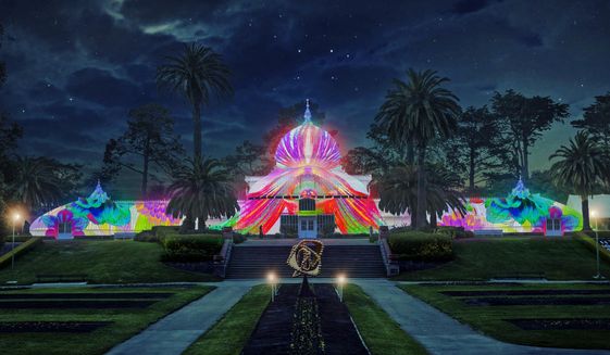 This artist&#39;s rendering, released by the San Francisco Recreation and Parks Department, is what the Conservatory of Flowers in Golden Gate Park will look like when it is illuminated with psychedelic lighting in tribute to the 50th anniversary of the Summer of Love. The city&#39;s Recreation and Park Department announced this week it will host the &amp;quot;Surrealistic Summer Solstice,&amp;quot; a four-hour jam &amp;quot;featuring over 40 legendary musicians&amp;quot; on June 21, 2017, followed by a lighting of the Victorian-era glass greenhouse that will remain through October. (San Francisco Recreation and Parks Department via AP)