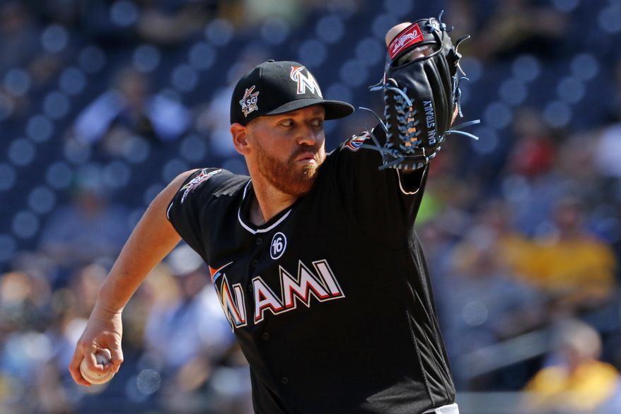Miami Marlins starting pitcher Dan Straily delivers in the first inning of a baseball game against the Pittsburgh Pirates in Pittsburgh, Saturday, June 10, 2017. (AP Photo/Gene J. Puskar)