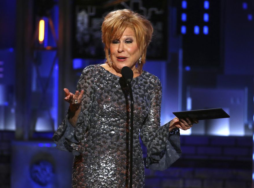 Bette Midler presents the award for best performance by an actress in a leading role in a play at the 71st annual Tony Awards on Sunday, June 11, 2017, in New York. (Photo by Michael Zorn/Invision/AP)  ** FILE **