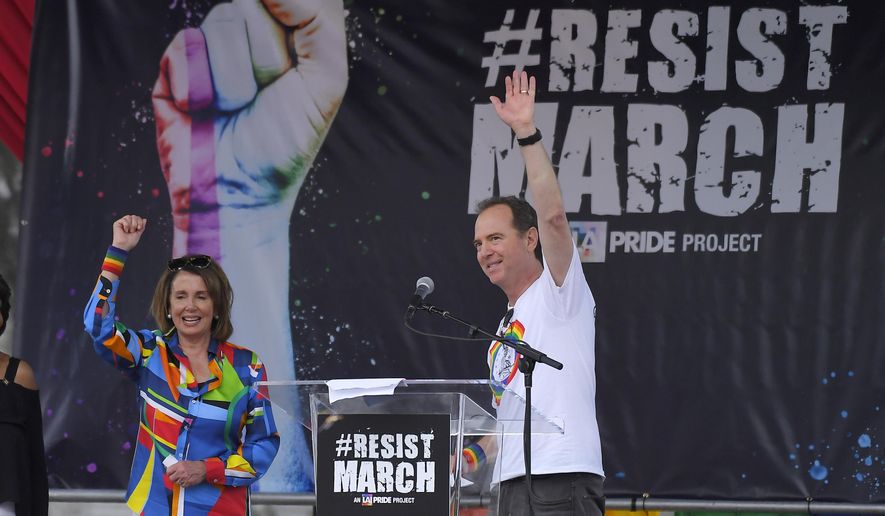 Rep. Adam B. Schiff joined House Minority Leader Nancy Pelosi, a fellow California Democrat, at a rally last year. Mr. Schiff will be given unilateral subpoena power in January and has promised renewed vigor in investigating President Trump. (Associated Press/File)