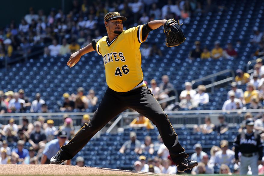 Pittsburgh Pirates starting pitcher Ivan Nova delivers in the first inning of a baseball game against the Miami Marlins in Pittsburgh, Sunday, June 11, 2017. (AP Photo/Gene J. Puskar)