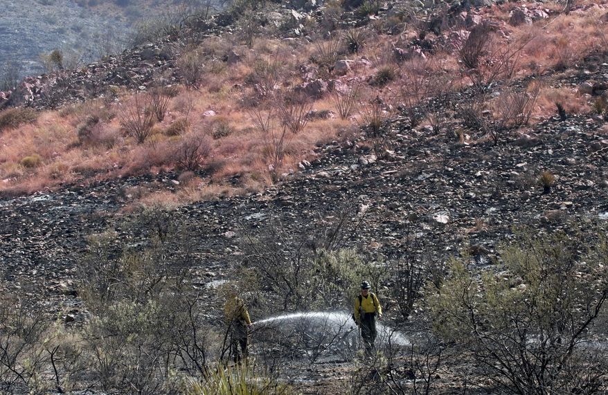 A couple of firefighters from Golder Ranch put out hot spots from the 14,900 acre Lizard Fire burns near Dragoon, Ariz., on June 11, 2017. The fire is burning through dry grass and shrubs and being pushed by erratic winds. A red flag warning is in effect because of the hazardous conditions. The Lizard Fire had merged earlier with the Dragoon Fire on Friday afternoon. The fire may have been started by lightning on Wednesday. (A.E. Araiza/Arizona Daily Star via AP)