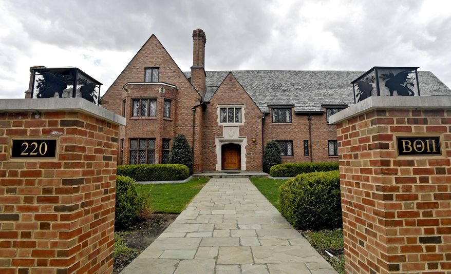 FILE – In this April 4, 2017, file photo, Penn State's former Beta Theta Pi fraternity house on Burrowes Road sits empty after being shut down in State College, Pa. Security camera footage of the night pledge Tim Piazza was fatally injured at a fraternity event is expected to be at the center of a court hearing. Prosecutors say the Monday, June 12, hearing at a courthouse near campus could take much or all of the day. Eighteen Beta Theta Pi members and the fraternity itself face a preliminary hearing that will determine if there’s enough evidence to send the case to trial. (Abby Drey/Centre Daily Times via AP, File)