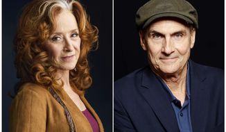 FILE - In this combination photo, singer Bonnie Raitt, left, appears in New York on March 7, 2016 and singer James Taylor poses in New York on May 13, 2015. file photo. Raitt and Taylor are teaming up this summer for concerts that include the ultimate in Americana, some of the country&#39;s most storied baseball parks. (Photo by  Drew Gurian, left, and Dan Hallman/Invision/AP, File)