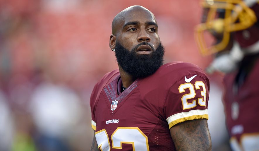 Washington Redskins strong safety DeAngelo Hall (23) stands on the field before an NFL preseason football game against the New York Jets Friday, Aug. 19, 2016, in Landover, Md. (AP Photo/Nick Wass)