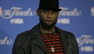 Cleveland Cavaliers forward LeBron James speaks at a news conference after Game 5 of basketball&#39;s NBA Finals between the Golden State Warriors and the Cavaliers in Oakland, Calif., Monday, June 12, 2017. The Warriors won 129-120 to win the NBA championship. (AP Photo/Ben Margot)