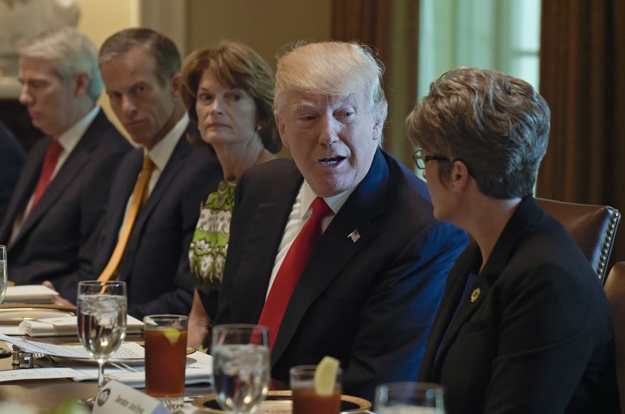 President Donald Trump talks with Sen. Joni Ernst, R-Iowa in the Cabinet Room of the White House in Washington, Tuesday, June 13, 2017, before having lunch with Republican Senators. From left are, Sen. Rob Portman, R-Ohio, Sen. John Thune, R-S.D., and Sen. Lisa Murkowski, R-Alaska the president and Ernst. (AP Photo/Susan Walsh)