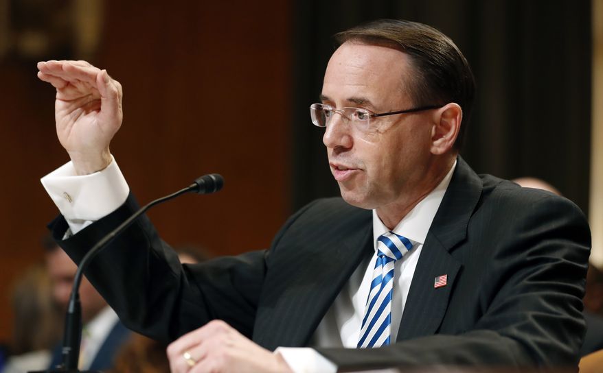 Deputy Attorney General Rod Rosenstein testifies on Capitol Hill in Washington, Tuesday, June 13, 2017, before a Senate Appropriations subcommittee hearing on the Justice Department&#39;s fiscal 2018 budget. Rosenstein said he has seen no evidence of good cause to fire the special prosecutor overseeing the Russia investigation. (AP Photo/Alex Brandon)