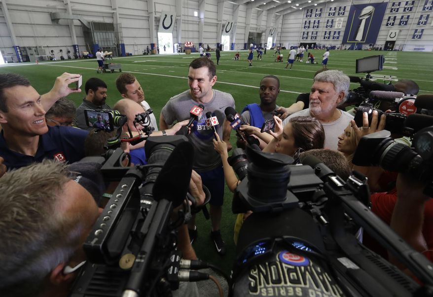 Indianapolis Colts quarterback Andrew Luck responds to questions during a news conference at the NFL football team's minicamp Tuesday, June 13, 2017, in Indianapolis. (AP Photo/Darron Cummings)