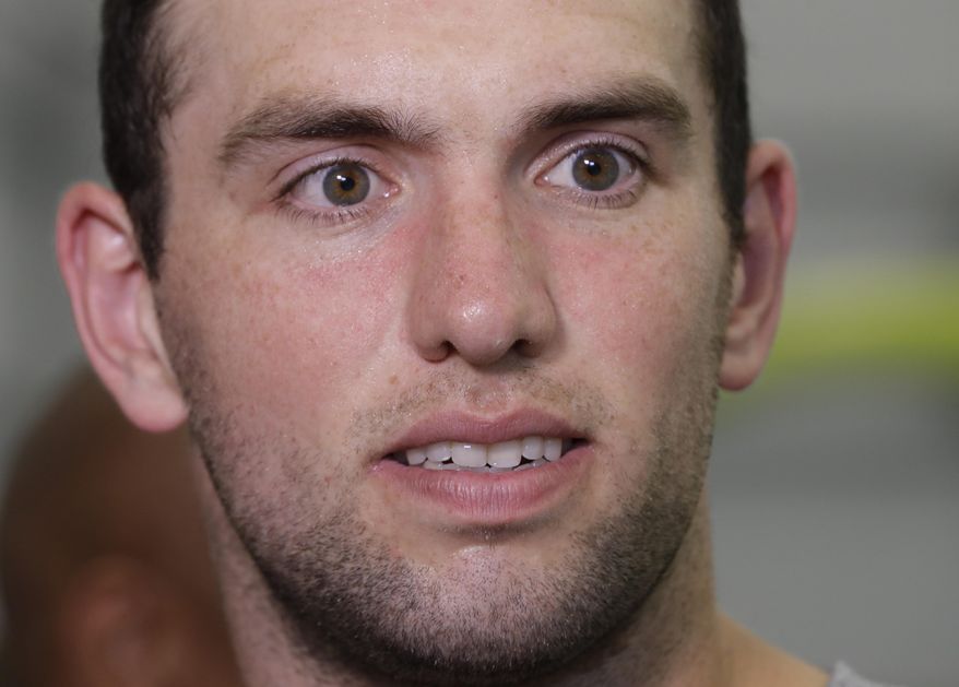 Indianapolis Colts quarterback Andrew Luck responds to questions during a news conference at the NFL football team's minicamp Tuesday, June 13, 2017, in Indianapolis. (AP Photo/Darron Cummings)