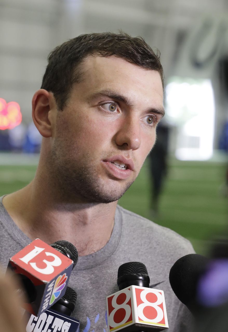 Indianapolis Colts quarterback Andrew Luck responds to questions during a news conference at the NFL football team's minicamp Tuesday, June 13, 2017, in Indianapolis. (AP Photo/Darron Cummings)