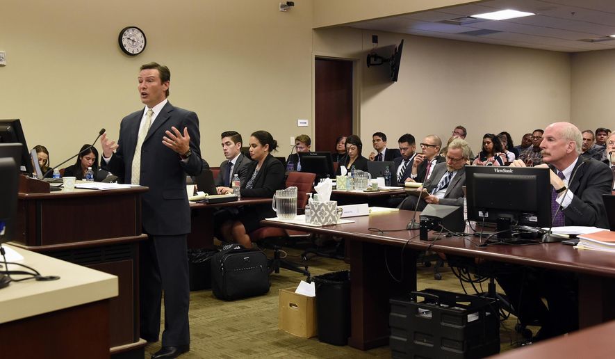 Jeffery Wechsler, attorney for the New Mexico Public Education Department Santa Fe public schools, speaks during an education lawsuit on Monday June 12, 2027 in Santa Fe, N.M. The lawsuit that could upend the way New Mexico's public schools are funded went to trial Monday to resolve accusations that the state is failing to meet constitutional obligations to provide essential educational opportunities to all students. (Clyde Mueller/Santa Fe New Mexican via AP)