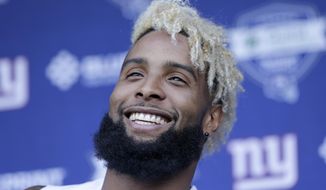 New York Giants&#39; Odell Beckham, Jr. talks to reporters after NFL football practice in East Rutherford, N.J., Tuesday, June 13, 2017. (AP Photo/Seth Wenig)