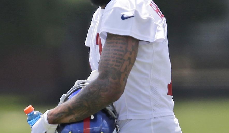 New York Giants' Odell Beckham, Jr. participates in NFL football practice in East Rutherford, N.J., Tuesday, June 13, 2017. (AP Photo/Seth Wenig)