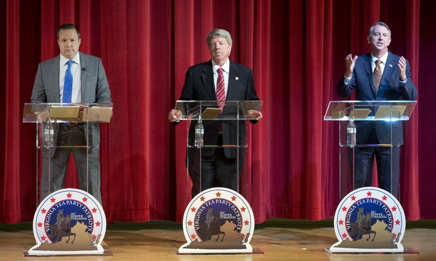 FILE - In this Saturday, April 22, 2017, file photo, Republican gubernatorial candidates Corey Stewart, left, state Sen. Frank Wagner, center, and Ed Gillespie, right, participate in a Tea Party debate at Goochland High School in Goochland, Va. The three face off in a primary June 13. (AP Photo/Steve Helber, File)