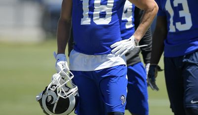 Los Angeles Rams wide receiver Cooper Kupp, left, stands on the field along with wide receiver Marquez North, right, during NFL football practice, Tuesday, June 13, 2017, in Thousand Oaks, Calif. (AP Photo/Mark J. Terrill)