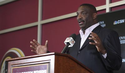Newly announced Washington Redskins Senior Vice President of Player Personnel, Doug Williams, speaks during an NFL football press conference, Tuesday, June 13, 2017, in Ashburn, Va. (AP Photo/Nick Wass)