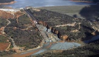 FILE- This Feb. 27, 2017, file image provided by KCRA shows Oroville Dam&#39;s crippled spillway in Oroville, Calif. California is asking owners of about 70 aging dams – some dating back to the Gold Rush – to thoroughly inspect their spillways and underlying rock, as part of stepped-up inspections in the wake of the surprise spillway failures at the nation&#39;s highest dam. (KCRA via AP, file)