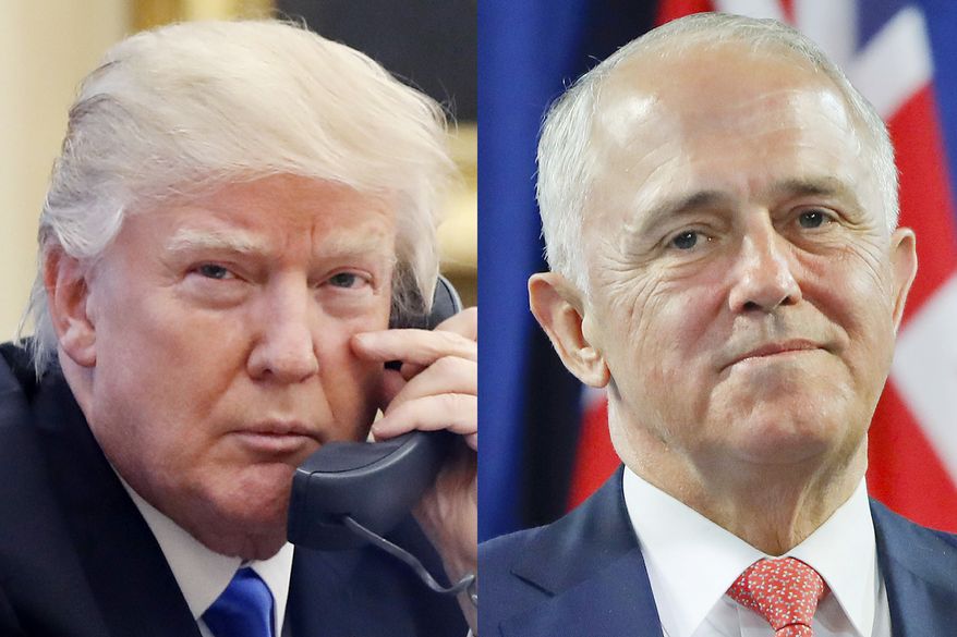 This combination of file photos shows, from left to right: U.S. President Donald Trump on Jan. 28, 2017, and Australian Prime Minister Malcolm Turnbull on Nov. 20, 2016. Turnbull made fun of both Trump and the Australian government's dismal opinion polls during a lighthearted speech on Wednesday night at an annual ball hosted by the Federal Parliamentary Press Gallery. (AP Photo/Alex Brandon, Pablo Martinez Monsivais Files)