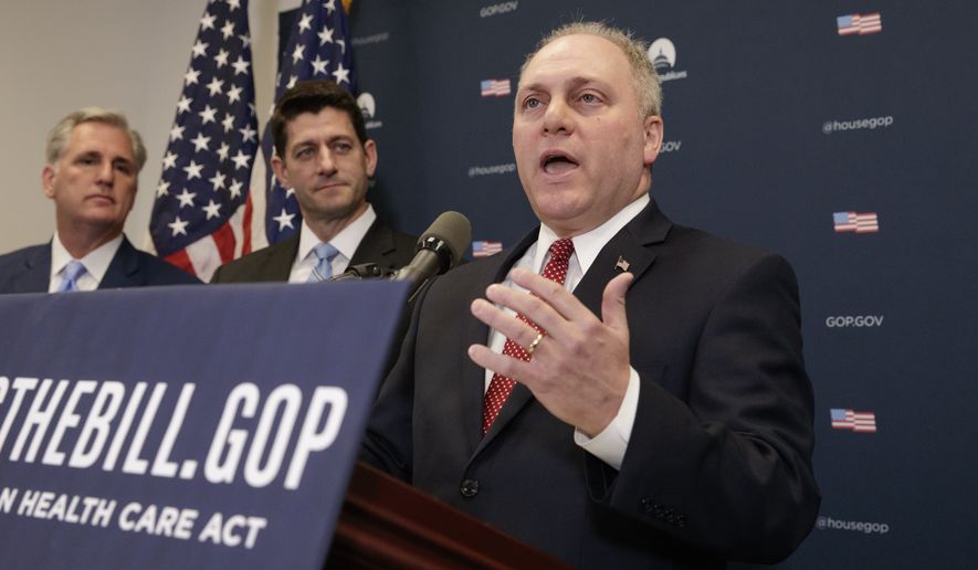 In this photo taken Tuesday, March 21, 2017, House Majority Whip Steve Scalise, R-La., center, joins Majority Leader Kevin McCarthy, R-Calif., far left, and Speaker of the House Paul Ryan, R-Wis., to cheer on support among GOP lawmakers for the Republican health care overhaul, on Capitol Hill in Washington. In the current House, the majority whip is the highest ranking member of the GOP leadership, after the speaker and majority leader. The whip is charged with persuading members to vote in line with the leadership. (AP Photo/J. Scott Applewhite)