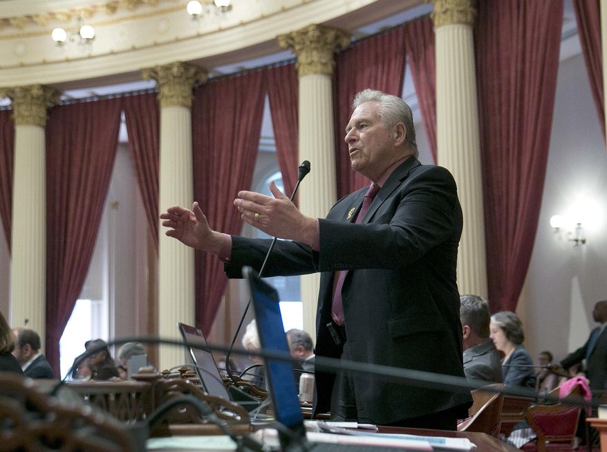 State Sen. Jim Nielsen, R-Gerber, vice chair of the Senate budget committee, calls on lawmakers to reject the state budget plan, Thursday, June 15, 2017, in Sacramento, Calif. Despite Republican opposition, the Senate approved the $125 billion general fund spending plan, which was negotiated by Democratic Gov. Jerry Brown and Democratic legislative leaders. (AP Photo/Rich Pedroncelli)