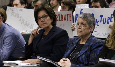 FILE - In this Tuesday, May 2, 2017 file photo, Monica Lozano, left, chair of the University of California Board of Regents, and UC President Janet Napolitano, sit in the audience before appearing before the Joint Legislative Audit Committee in Sacramento, Calif. Lawmakers are expected to vote Thursday, June 15. 2017, on a state budget plan that withholds $50 million from the UC system until Napolitano&#39;s office shows it&#39;s complying with recommendations from a scathing audit of her office. (AP Photo/Rich Pedroncelli, File)