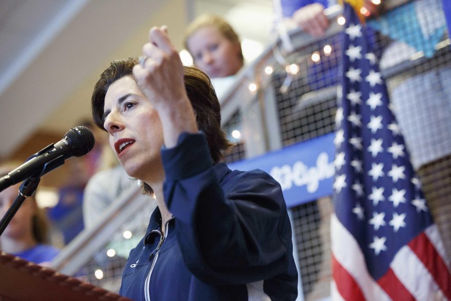 In this Friday, May 5, 2017, photo R.I. Gov. Gina Raimondo speaks during College Signing Day at Cumberland High School, in Cumberland, R.I. The fate of Raimondo's plan to provide two years of free tuition at state colleges is up in the air Thursday, June 15, as legislative leaders prepare to unveil a new state budget proposal. (AP Photo/Michael Dwyer)