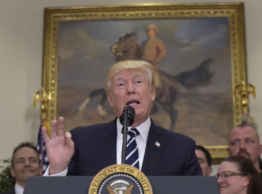 President Donald Trump speaks in the Roosevelt Room of the White House in Washington, Thursday, June 15, 2017, during an event on Apprenticeship and Workforce of Tomorrow initiatives. (AP Photo/Susan Walsh)